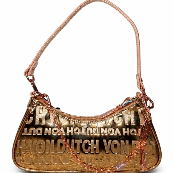 🆕️Von Dutch Gold Metallic Mini Shoulder Bag Y2K Logo Purse w/ Chain Strap - Picture 2 of 12